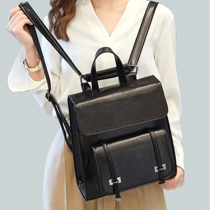 

New Women Vintage Backpack Genuine Leather School Backpack Teenager Large Capacity Fashion Shoulder Bag Feminina Travel Mochilas, Black