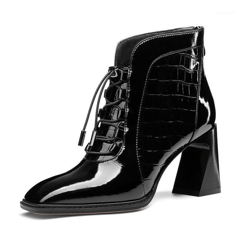 

Elegant Genuine Leather Square Toe Warm Boots 2020 Autumn Winter High Heels Pumps lace up Party Wedding Shoes Woman1, Black