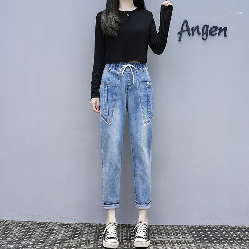 

Autumn Elastic Waist Big Pocket Women's Jeans High Waist Straight Ankle Length Pants Denim Plus Size Ladies Lace Up Loose Cowboy1, Blue calf length