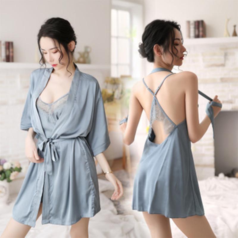 

Ladies pajamas sexy lace satin pajamas ladies V-neck gowns and dress suits night skirts solid color bathrobe underwear, Pink