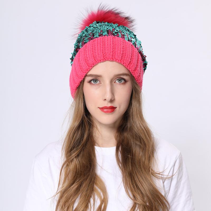 

Janefur New Fashion WInter Warm Women Acrylic Beanie with Sequins and Raccoon Fur Pompom, White