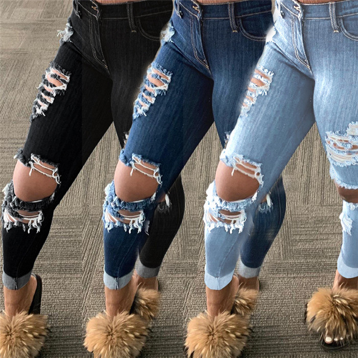 

Plus Size Womens Jeans Sexy Hole Tassel Pencil Pants High Street Fashion Spring Autumn Fall Women Denim Trousers, Blue