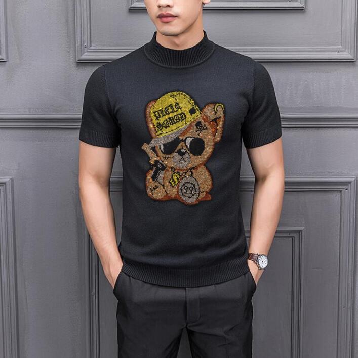 Thin design Men's Slim Sweaters Male Rhinestone Color O-Neck Sweater Black White Knitted Pullover Tops-image-748173607