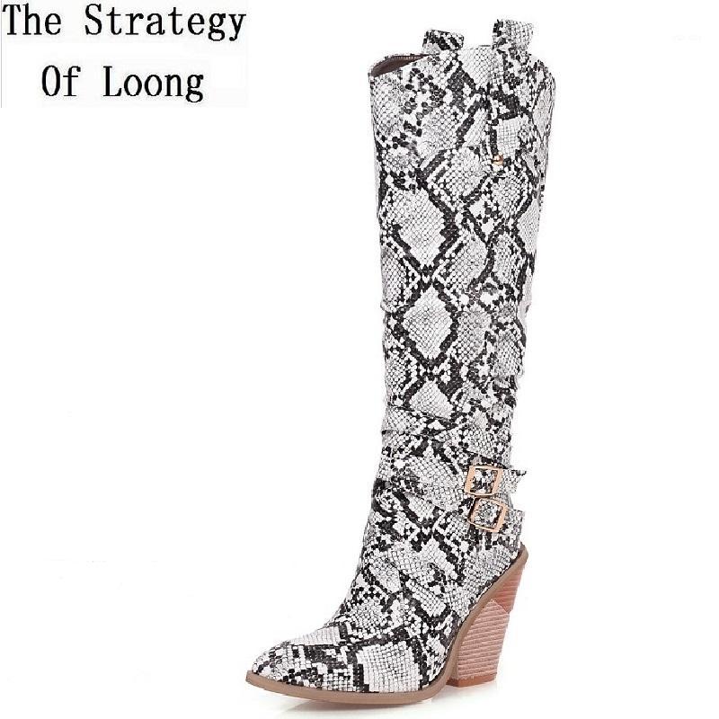 

Spring Autumn Women Western Long Boots Lady Plus Size 41-46 Leopard Buckle Belt Botas Ladies Knee-High Fashion Boots 1911081, Beige