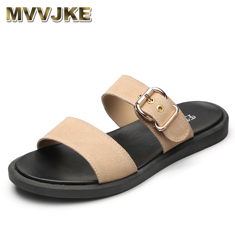 

MVVJKE Sandals for women in genuine cow leather flat shoes women without lace summer woman slides leisure beach flip flops Rihan, Black