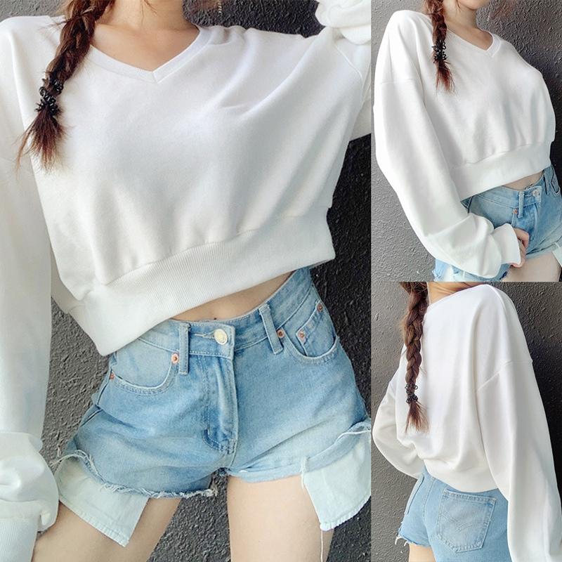 

Women' Small V-Neck Wild White Loose Cordless Sweater Casual Sweatshirt Pullover