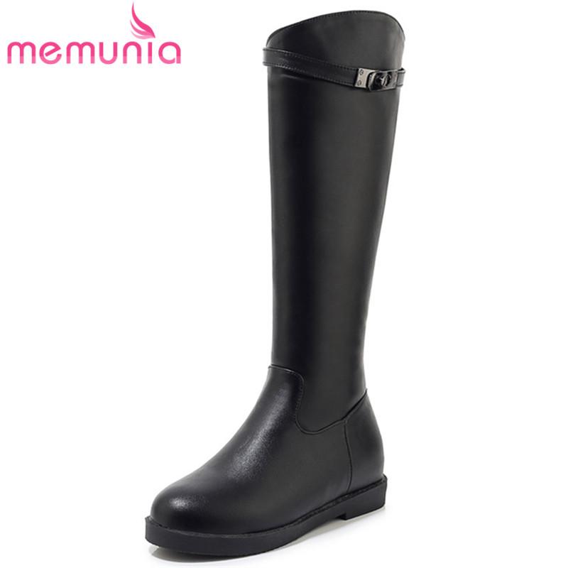 

MEMUNIA 2020 new arrival knee high boots women round toe zip autumn winter riding boots simple solid color low heel shoes woman, Black