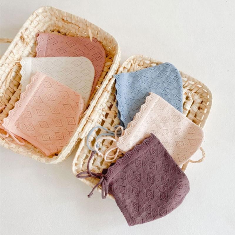 

Cotton Baby Bonnet Solid Color Baby Girl Hats Newborn Infant Lace Flowers Princess Knitted Hat For 0-24 Months1, Blue