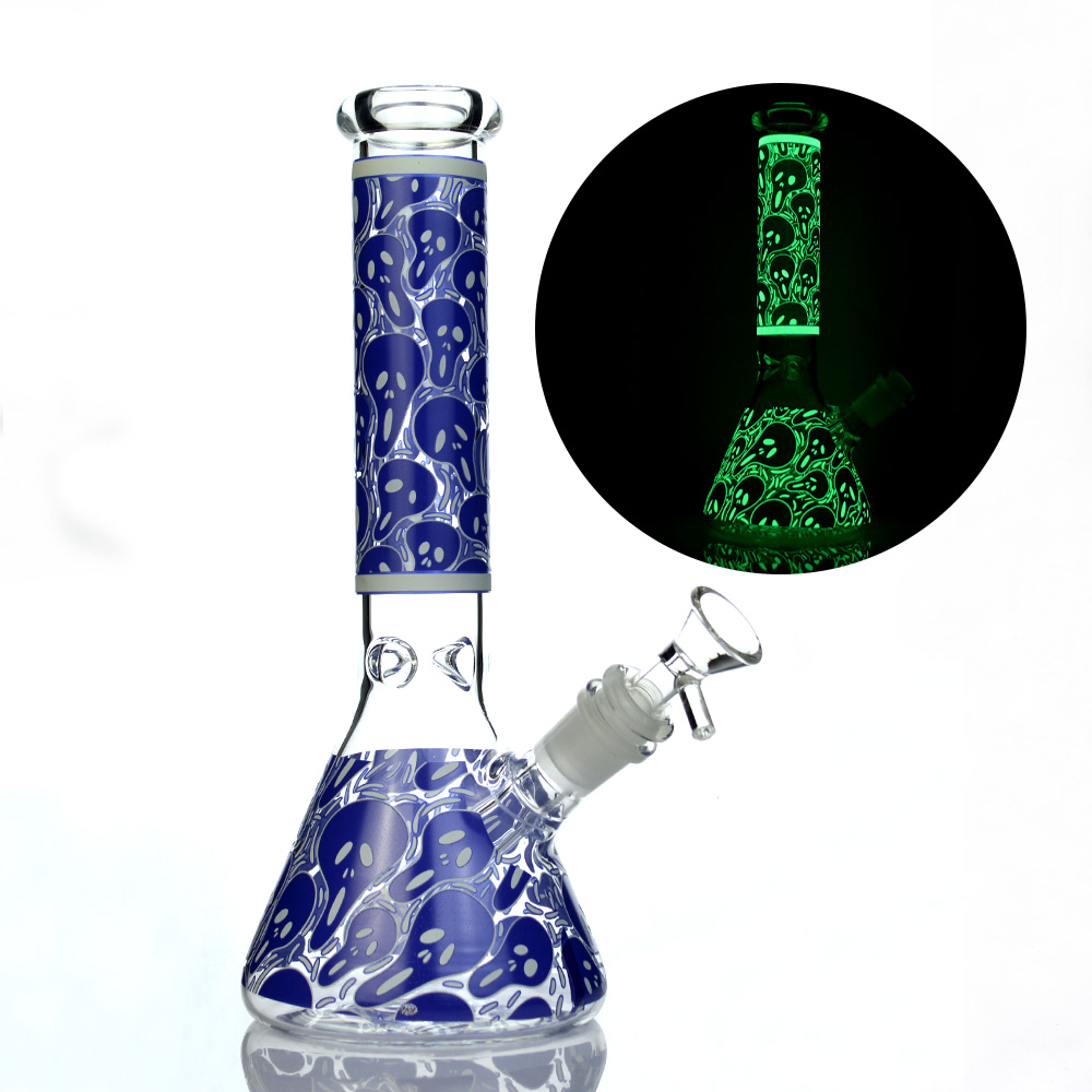 

Glow in the dark 10 inch beaker bong hand painting skull glass water pipe 5MM thick dab rigs oil rigs cool recycler