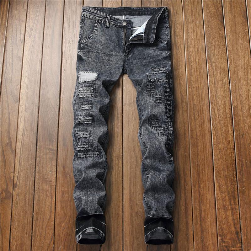 

New Men Ripped Slim Vintage Gray Straight Biker Jeans Streetwear Holes Distressed Casual Joggers Biker Denim Pants Plus Size 52