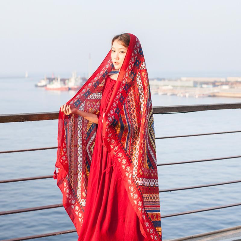 

Cotton And Linen Printed Silk Scarf Seaside Sunscreen Big Shawl Silk Scarf Bohemian Beach Wraps Beach Towel Female Summer