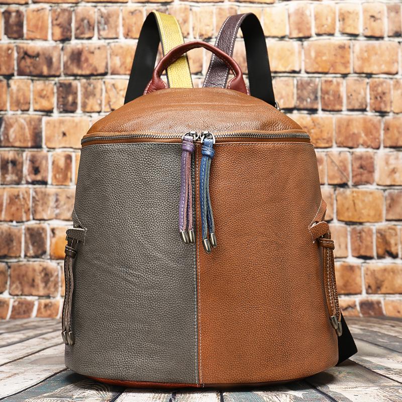 

Girls Knapsack Genuine Leather Female Daypack Panelled Travel Bucket Bag Natural Skin Women Backpack Multi-color Rucksack, Multicolor