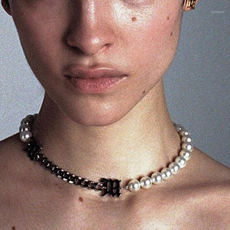 

Chokers 2021 Personality Trendy Asymmetric Pearl Clavicle Chain Letter M Short Choker Metal Necklace For Women Men Jewelry1