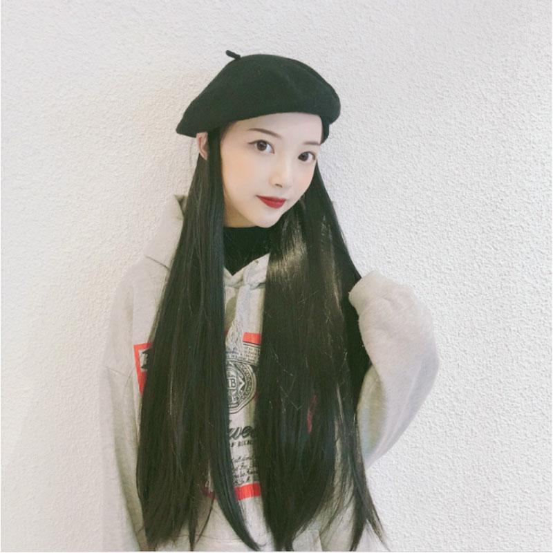 

Fashion one-piece intergrated women's long straight synthetic hair wig and wool beret one piece hair wig sewed in beret hats1, B hat black
