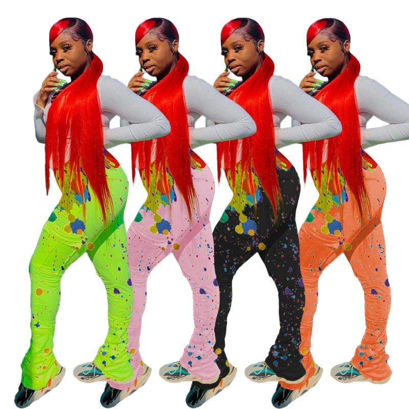 

Splash Ink Graffiti Print Stacked Sweatpant Women Fashion High Waist Draped Flare Bell Bottom Pant Streetwear Slim Fit Trousers, Black