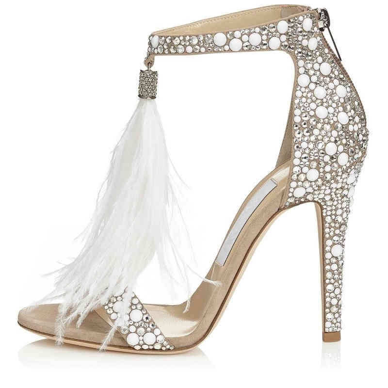 

Brand Design Glitter Crystal Sandals Women Apricot Feather Tassel High Heels Sexy Peep Toe Bridal Wedding Party Shoes on Sale, 10.5cm heel