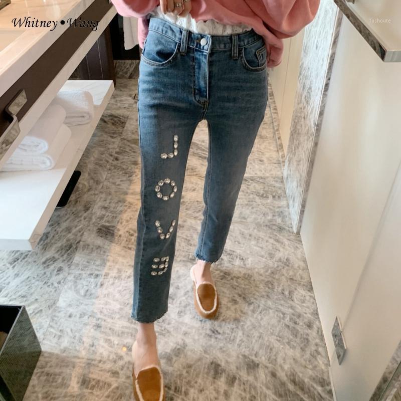 

Women' Jeans WHITNEY WANG 2021 Spring Fashion Streetwear Lace Waist Patchwork Diamonds Letters Women Stylish Denim Pants Plus Size 5XL1, Blue