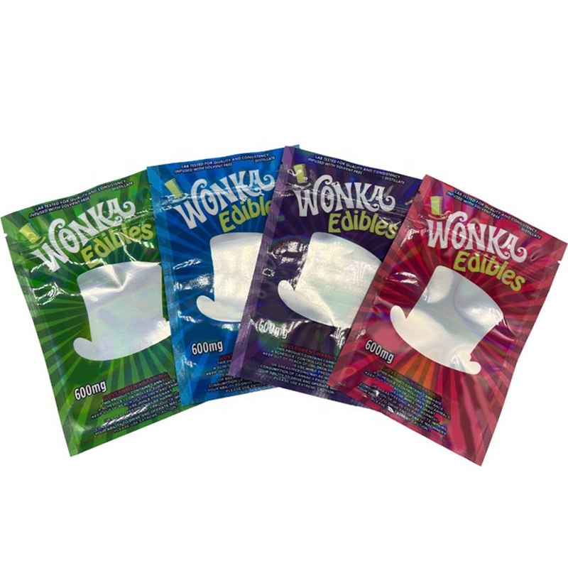 

20wonka new arriveal resealable edibles mylar 600mg plastic packaging bags with rainbow film green red blue purple wonka edibles gummies bag