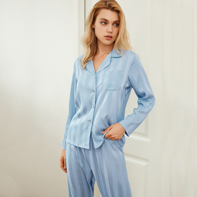 

2021 New Spring Summer Satin Striped Pyjamas Released Homewear Turn Down Collar Long Sleeve Single Female Breasted Sets Z1no, Pink