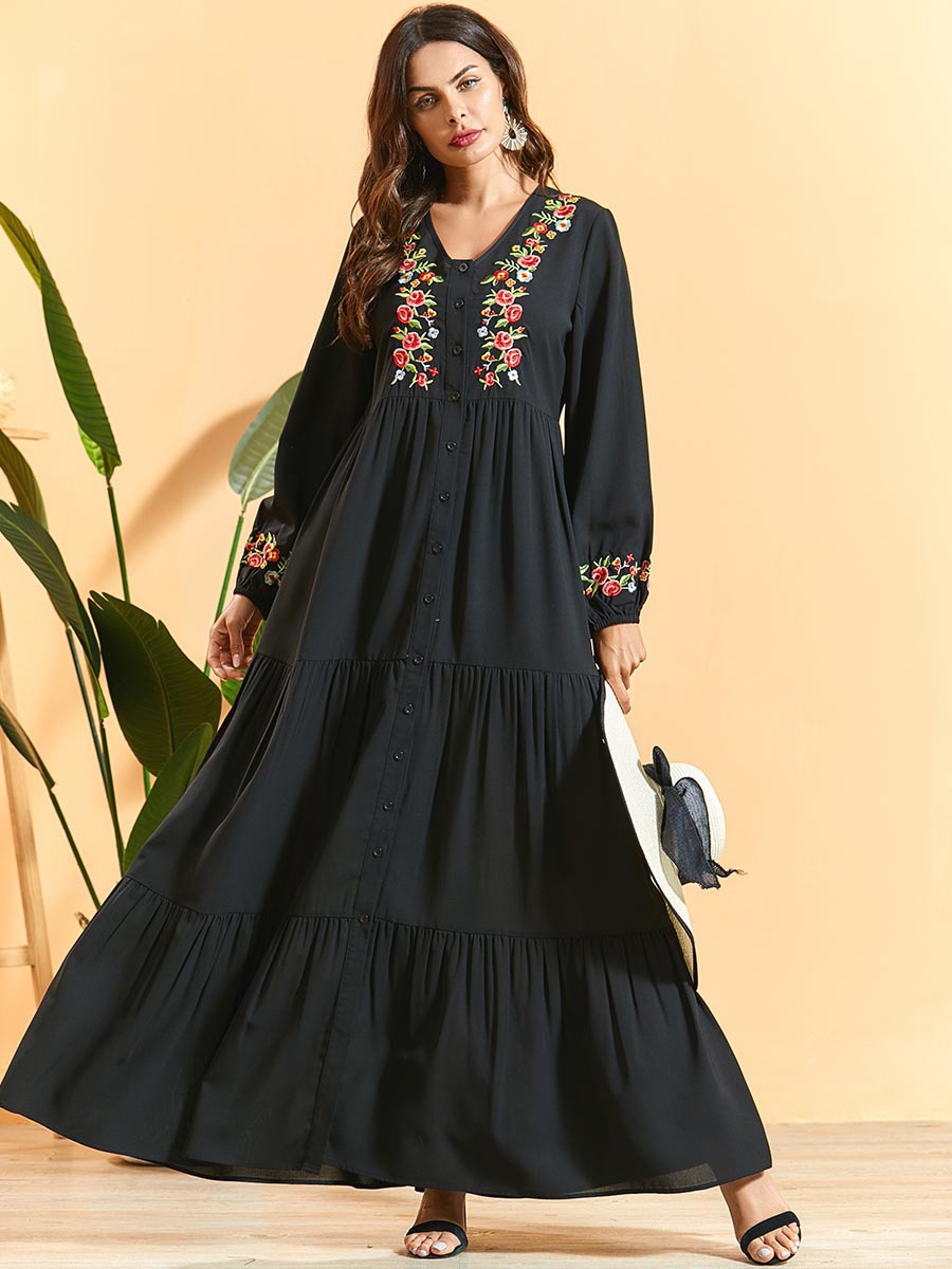 

Embroidery Muslim Abaya Women Hijab Dress Print Eid Ramadan Turkey Moroccan Kaftan Djellaba Jilbab Vestidos Islamic Clothing, Black;gray
