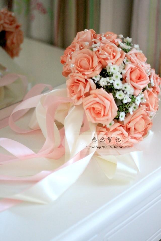

Korea Bridal Flower Bouquets Roses Orchid Mix Flower Bunch Satin Lace Ribbon Butterfly Bowknot DIY Handcraft Wedding, Pink