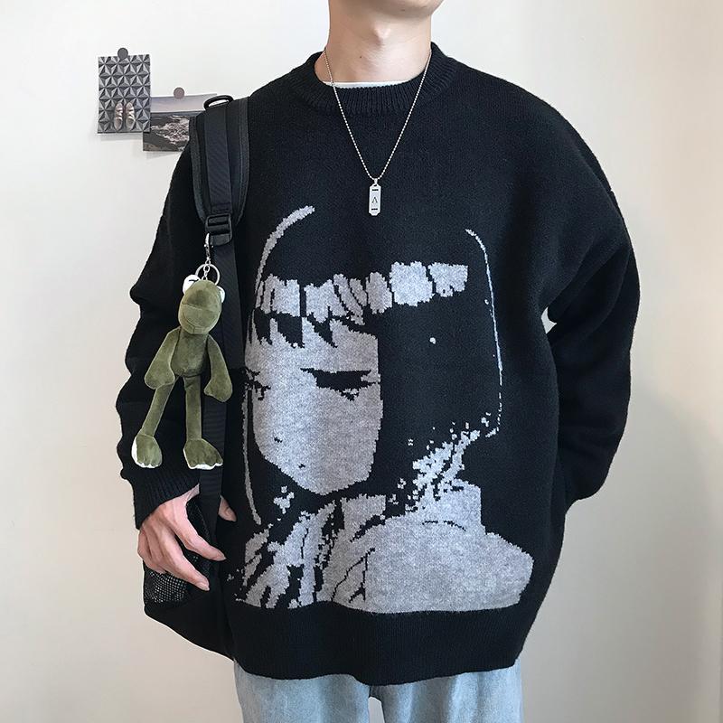 

Japanese Anime Cartoon Quadratic Girl Pullover Sweater Harajuku Men and Women Knitted Sweater Oversized Warm Sweaters, Black