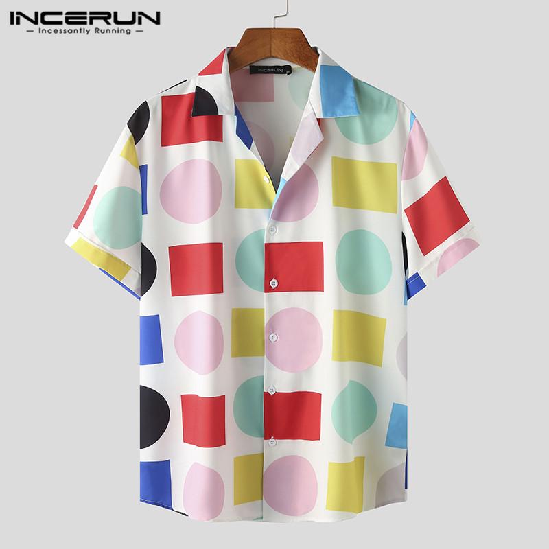 

Fashion Button Breathable Camisa Masculina INCERUN Summer Colorful Printed Shirts Mens Short Sleeve Lapel Neck Blouse Plus Size, White