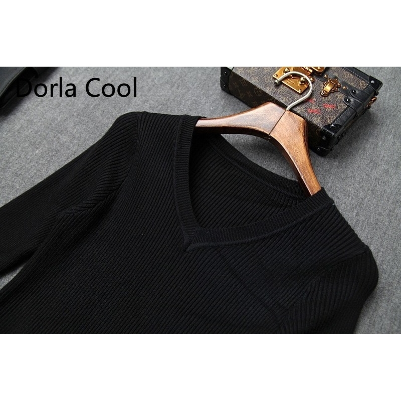 

New Female Design Midi Long with V-knit Cut-off Fitted Gradient Lining Dressed As Lady' Waistband Elastic Thin Office Dress Klj9, Black