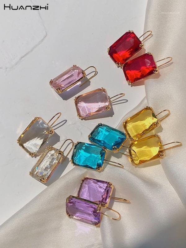 

HUANZHI 2020 New Summer Trendy Colorful Transparent Glass Simple Golden Metal Geometric Square Crystal Pendant Dangle Earrings1