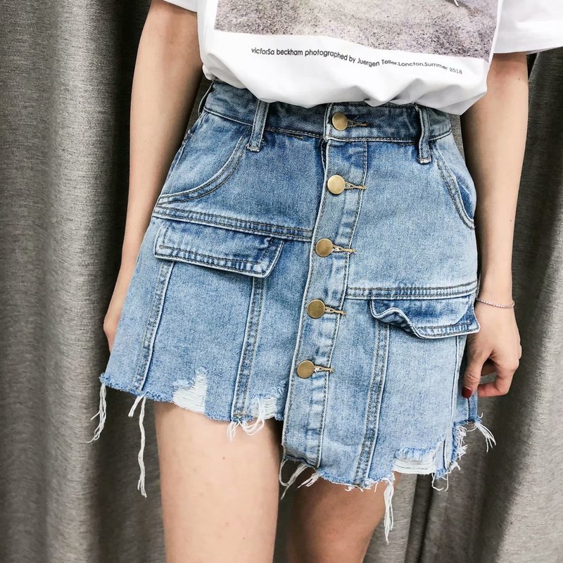 

2021 New European High Street Skirts Jeans Buttons Pockets of Women' Irregular Mini Belt Leather Single Breasted Get Out Sdby, Black