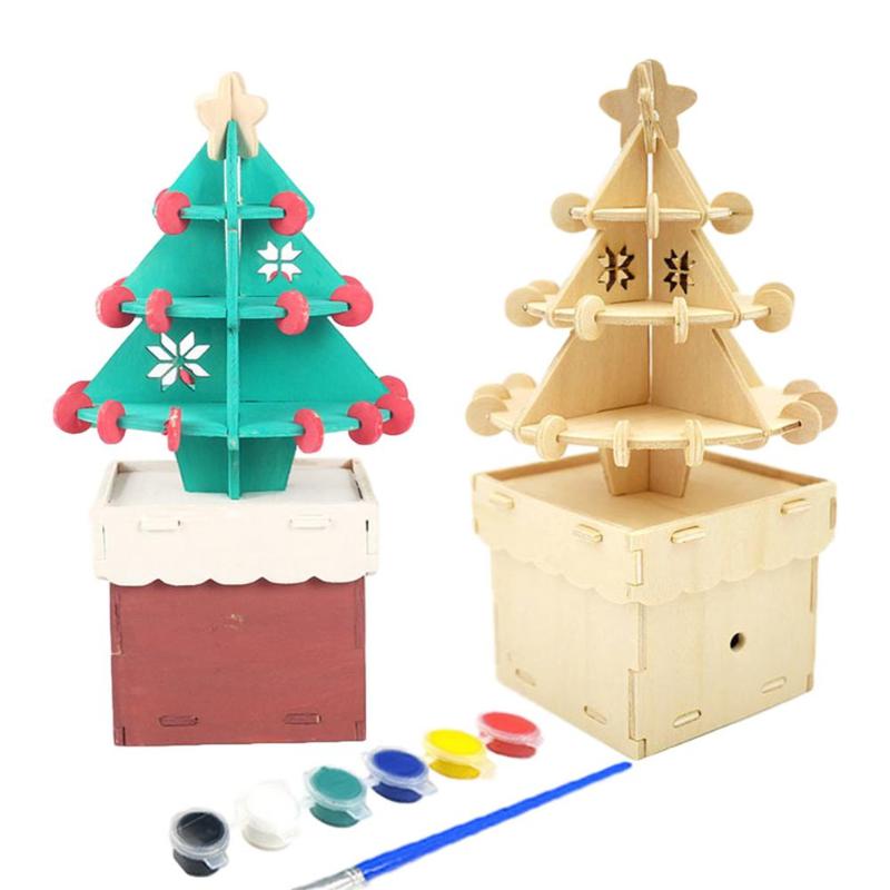

DIY Graffiti Mini Christmas Tree For Children Handmade Assemble Color Painting Wooden Christmas Tree Music Box Decoration