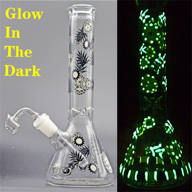 

new Luminous Glass Beaker Bong Dab Rig Water Pipes Glow In The Dark bubbler Dab rig recycler Bongs hookah shisha with glass oil burner pipe