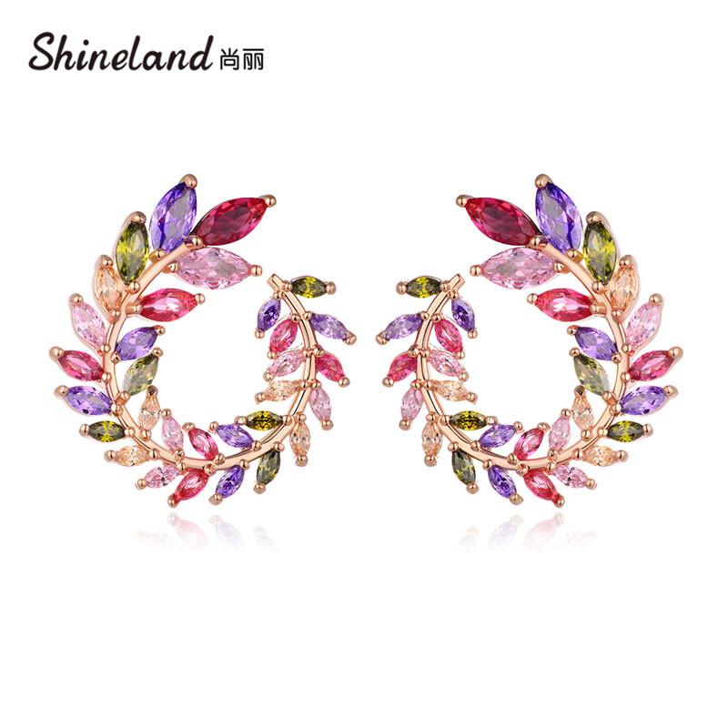 

Shineland 2020 New Colorful Rhinestone Wreath Leaves Stud Earrings For Women Sweet Flower Cirlce Bohemian Brincos Wedding Gift