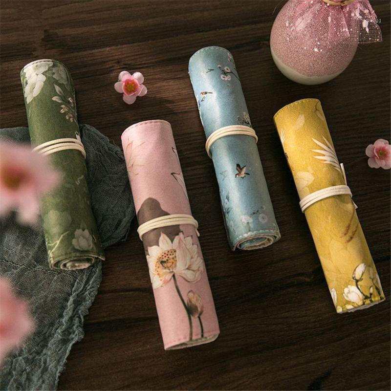

Chinese Style Flower Pencil Case Bags Girls Cute Makeup Brush Storage Bags Canvas School Pen Case Roll1, Pink
