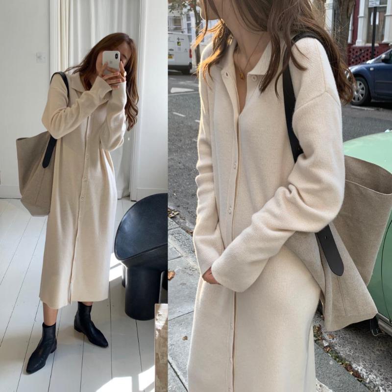 

2020 Early Autumn New Korean Style Lapel Long Knitted Elegant Dress Women Office Lady, Apricot