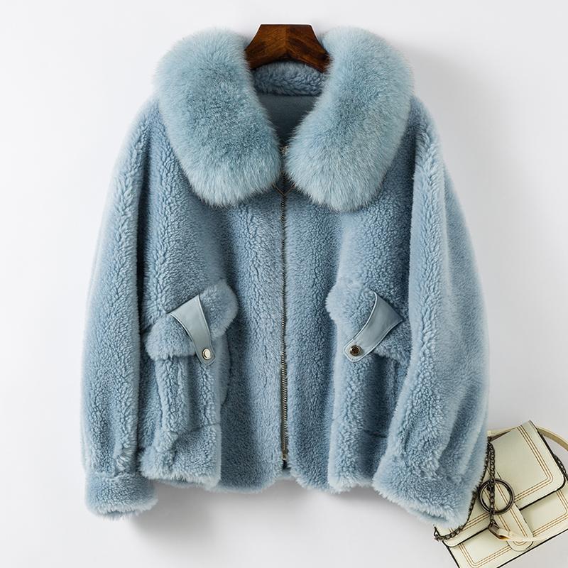 

Real Coat Female Vintage Fur Collar Sheep Shearing Jacket Women Clothes 2020 Korean 100% Wool Coats Tops Hiver LW2608, Blue
