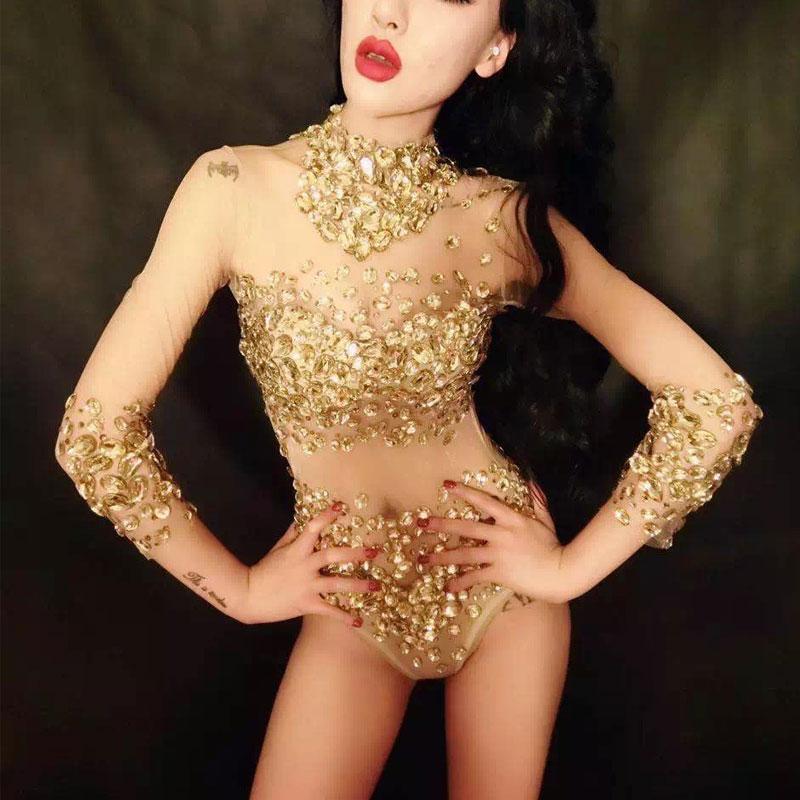 

Sparkly Crystal Bodysuit Women see-through Mesh Leotard Female Bar DJ DS GOGO Dance Stage Party Dance Costume Celebrate jumpsuit, Black