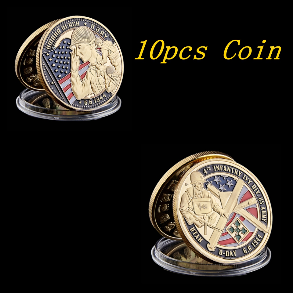 10pcs 40*3mm 1944.6.6 USA Army Craft Infantry Utah D-Day Omaha Beach Commemorative Coin 24K Gold Plated Military Badge For Gift-image-592190939