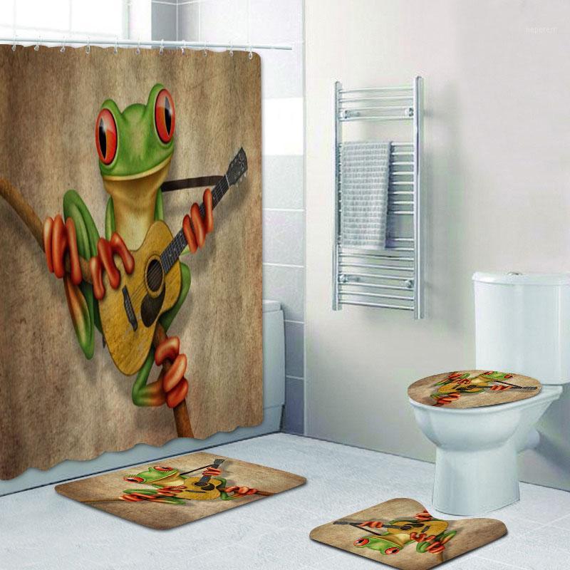 

Cute Tree Frog Playing Guitar Shower Curtain Set 3D Frog Animal Musician Bath Curtains Mat for Bathroom Bathtub Music Home Decor1