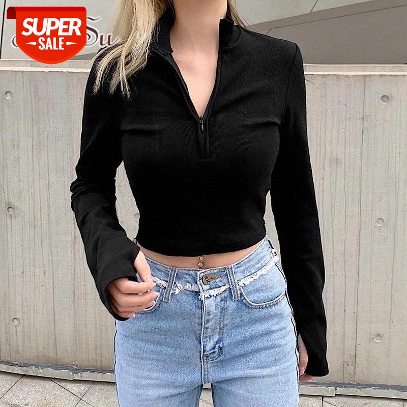 

ArtSu Vogue Long Sleeve T-shirt Ladies Stand Collar Zipper Tshirts Cotton Women Fashion Basic Crop T Shirt Autumn ASTS21373 #ui6z, White