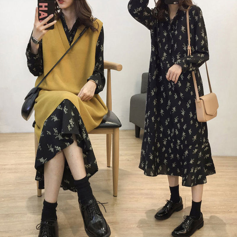 

2021 New Women Spring Autumn Knitted Vest Long Sleeve Floral Q3r3, Dress