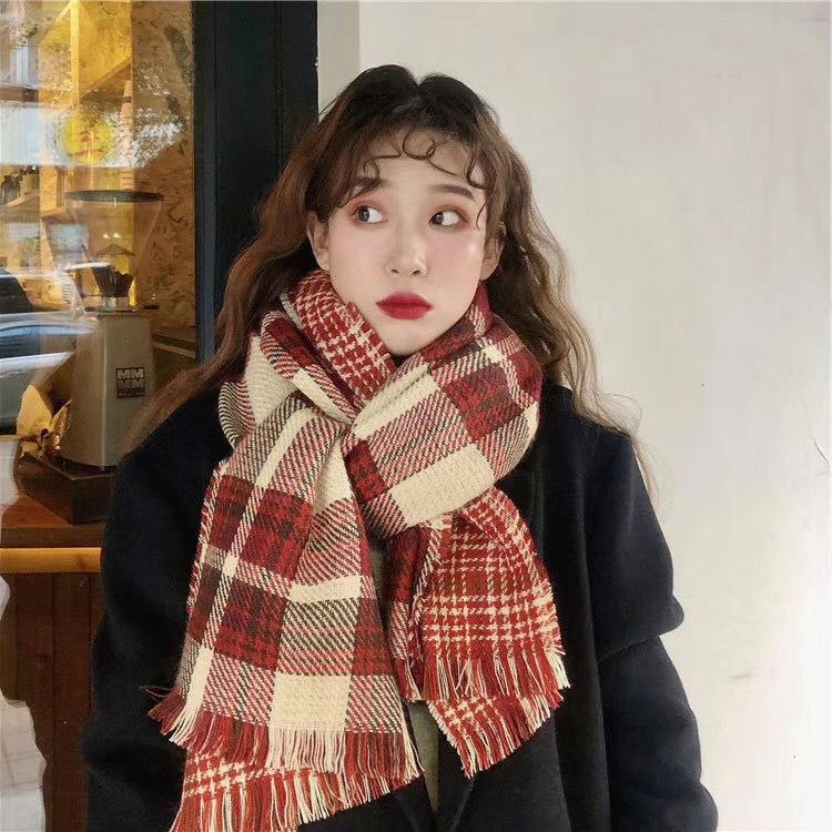 

Scarves Christmas Wind Scarf Female Red Double-sided Lattice Versatile Korean Couple Shawl Retro Thousand Bird Bib, Blue;gray