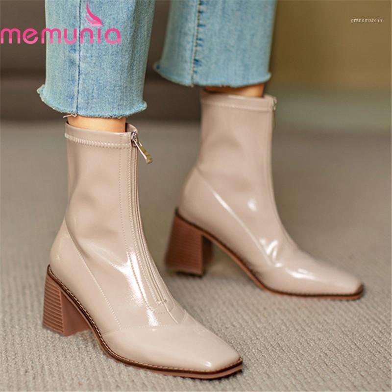 

MEMUNIA 2021 New Arrival Women Boots Thick High Heels Square Toe With Zip Ankle Boots Autumn Winter Solid Color Ladies Shoes1, Black