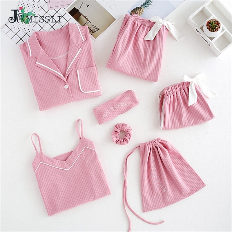 JRMISSLI 7 Piece Female 100% Cotton Pajamas Set Solid Long Sleeved Pants Women Nightgown Sleepwear 201027