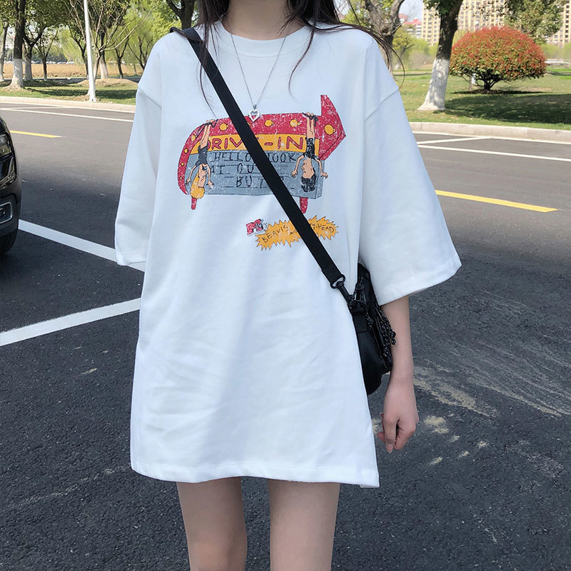

2021 New summer Korean cartoon style side print short sleeve women's loose tops casual white female shirt (x1362) 316W