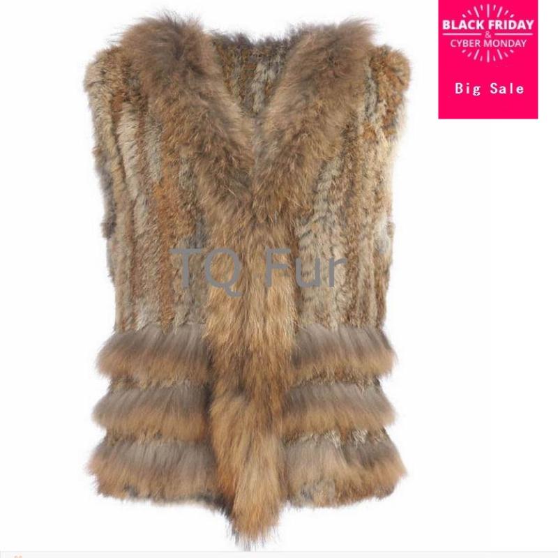 

Factory direct 12 color autumn and winter warm real fur short vest women's Three raccoon hair weaving vest w1989, Khaki