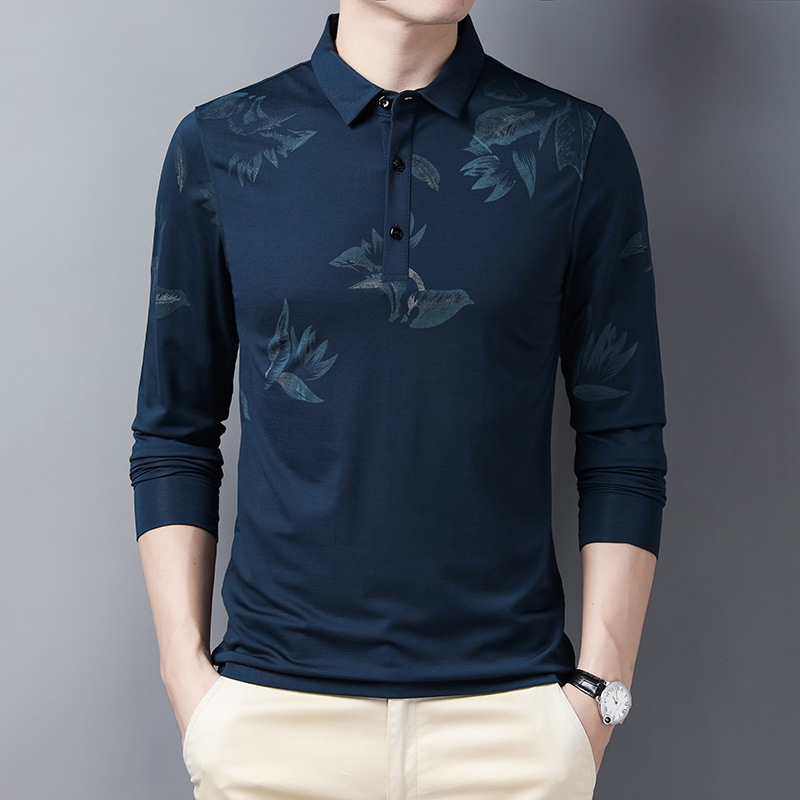 

2021 New Leaves Printed Shirt Autumn Long Sleeve Male Polo Lapel Neck Superior 4xl Plus Size Xlgw, Purple