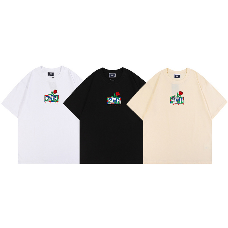 

KITH Rose Letter Printing Hoodies Women's T-Shirt Round Neck Pullover Sweater for Men and Women, White short sleeves