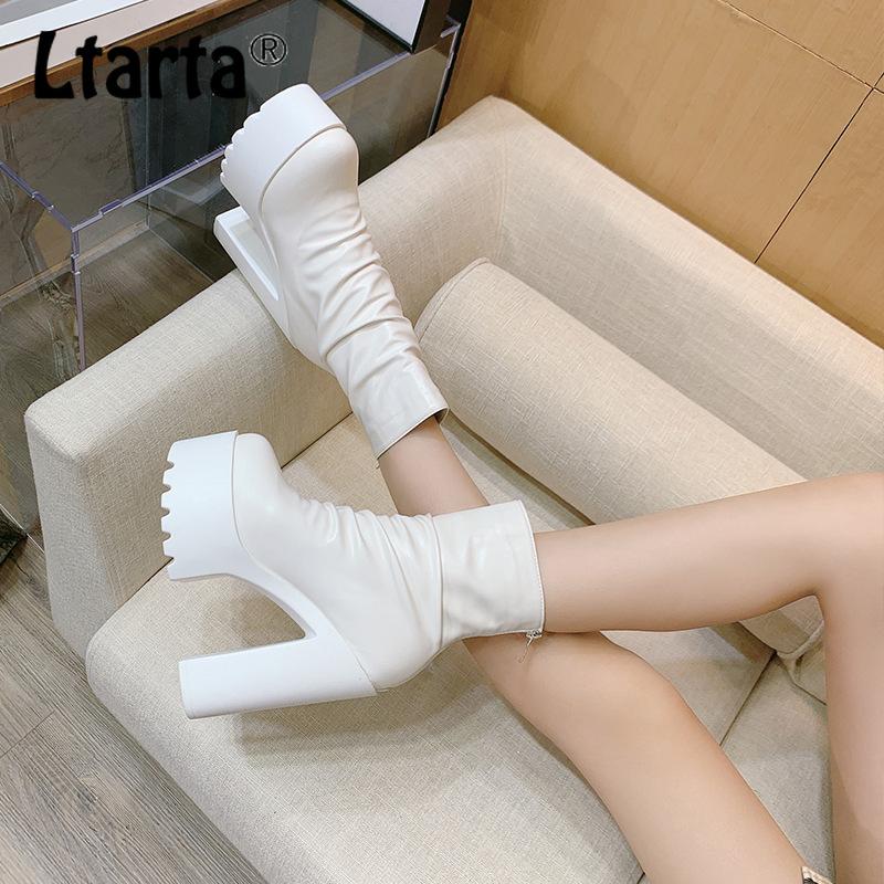 

PRETO BRANCO Ultra-High Heel Ankle Boots Women's Heel Catwalk Performance Waterproof Platform Back Zipper High Heels ZYW-831-10, White thick