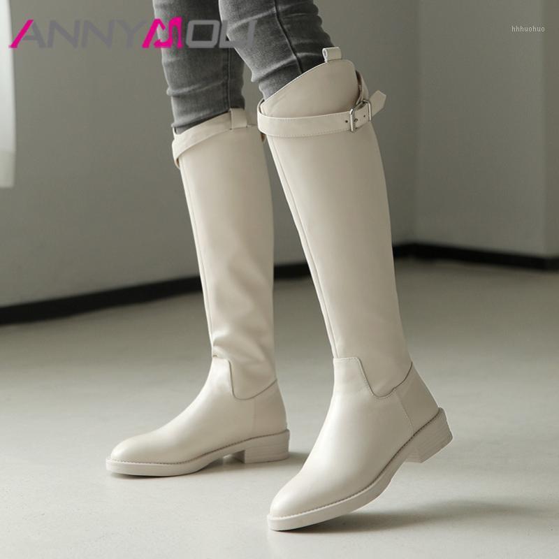 

ANNYMOLI Wome Long Boots Shoes Genuine Leather Mid Heel Riding Boots Buckle Zipper Thick Heels Knee High Autumn Winter 401, Black synthetic lin